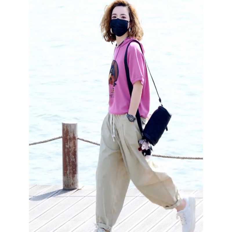 时尚两件套装女2025年夏季新款连帽小女孩印花短袖水洗棉哈伦裤潮,淘宝优惠券,粉丝福利购,淘宝优惠卷