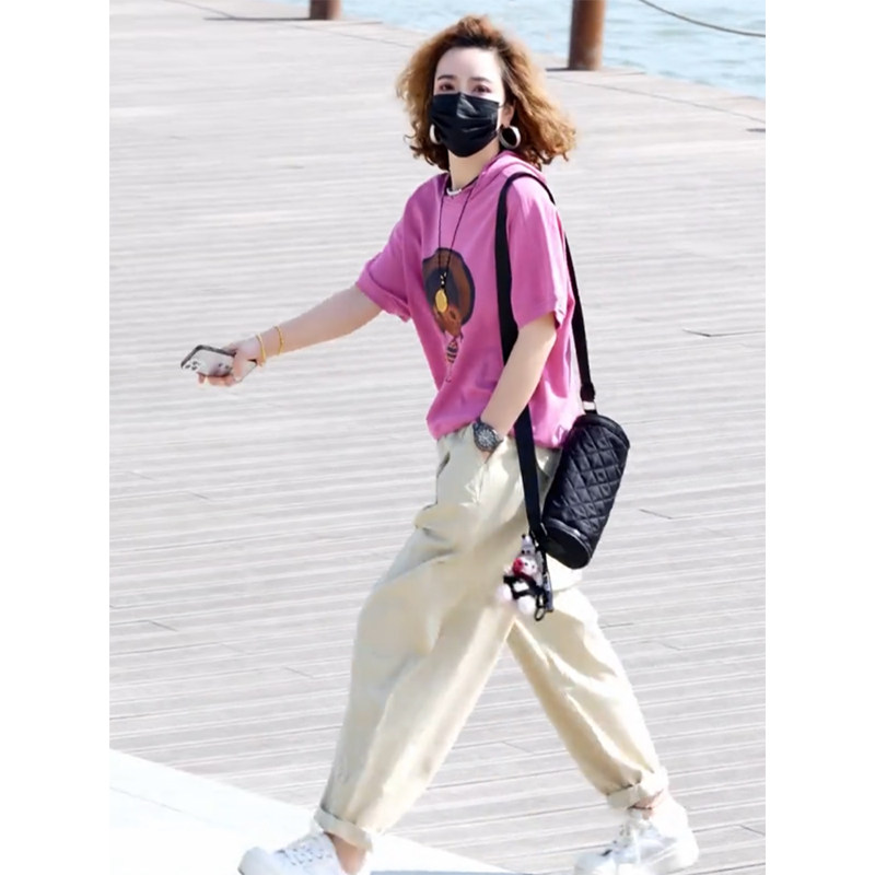 时尚两件套装女2025年夏季新款连帽小女孩印花短袖水洗棉哈伦裤潮,淘宝优惠券,粉丝福利购,淘宝优惠卷