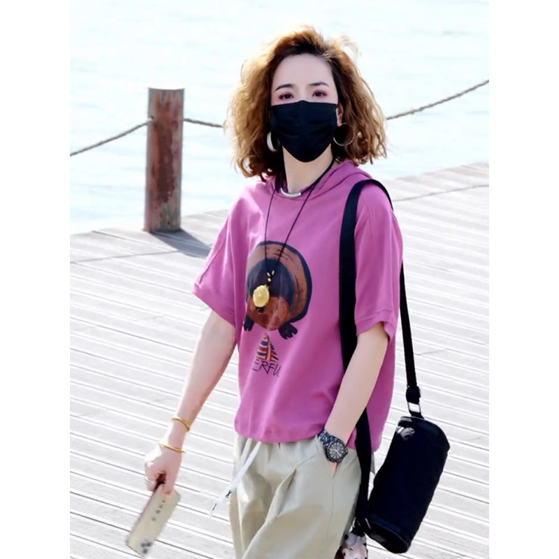 时尚两件套装女2025年夏季新款连帽小女孩印花短袖水洗棉哈伦裤潮,淘宝优惠券,粉丝福利购,淘宝优惠卷