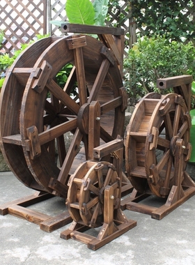 极速田园防腐木水车架假山v流水喷泉水车大中小流水摆件转运水车