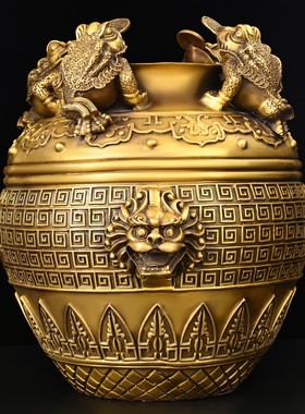 极速纯铜缸四方纳财金蟾招財进z宝铜缸聚宝盆大号缸客厅办公室店