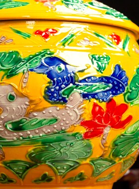 新中式雕刻花瓶客厅插花黄色储物罐子摆J件玄关软装样板房装饰酒