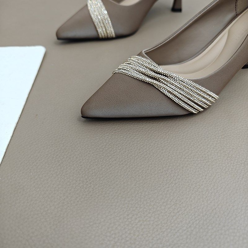 法式尖头仙女浅口百搭单鞋女2024新款时尚细跟中跟气质水钻高跟鞋,淘宝优惠券,粉丝福利购,淘宝优惠卷