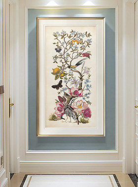 新中式装饰画  花鸟植物玄关竖版装饰画单幅过道花卉壁画别墅走廊