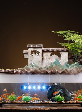 中式假山流水摆件喷泉大号玻璃鱼C缸水族灯循环水家居客厅玄关装