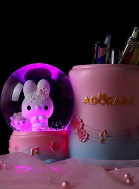 卡通兔水晶球笔筒发光桌面收纳桶儿童礼物礼品玻璃水球树脂摆饰