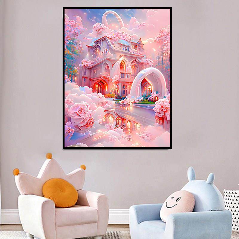 唯美粉色玫瑰城堡风景钻石画2025新款小幅贴钻十字绣客厅卧室满钻,淘宝优惠券,粉丝福利购,淘宝优惠卷