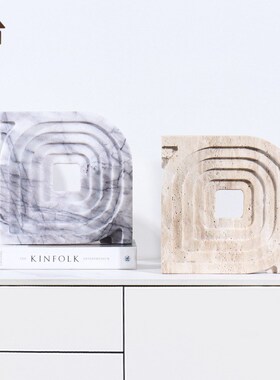 新中式黄洞石几何环扣摆件样板房售楼处酒店客厅大理石圆环装饰品