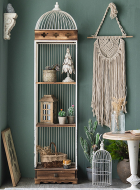 美式复古铁艺实木鸟笼置物架客厅阳台装饰花架卧室落地多层收纳架