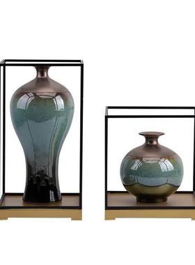 简约新中式样板房古韵陶瓷储物罐摆件客厅玄关古典红色软装配饰品