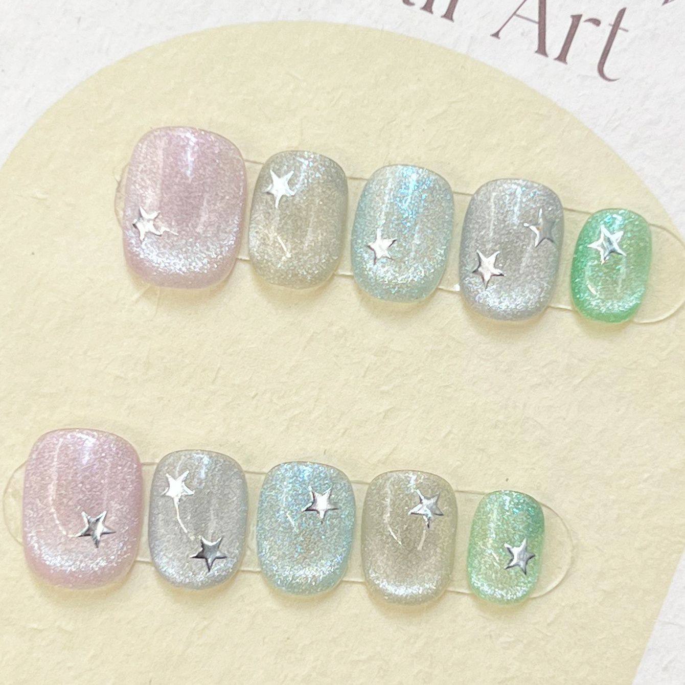 2025夏季新款纯手工多巴胺彩色猫眼星星美甲穿戴短款学生ins,淘宝优惠券,粉丝福利购,淘宝优惠卷