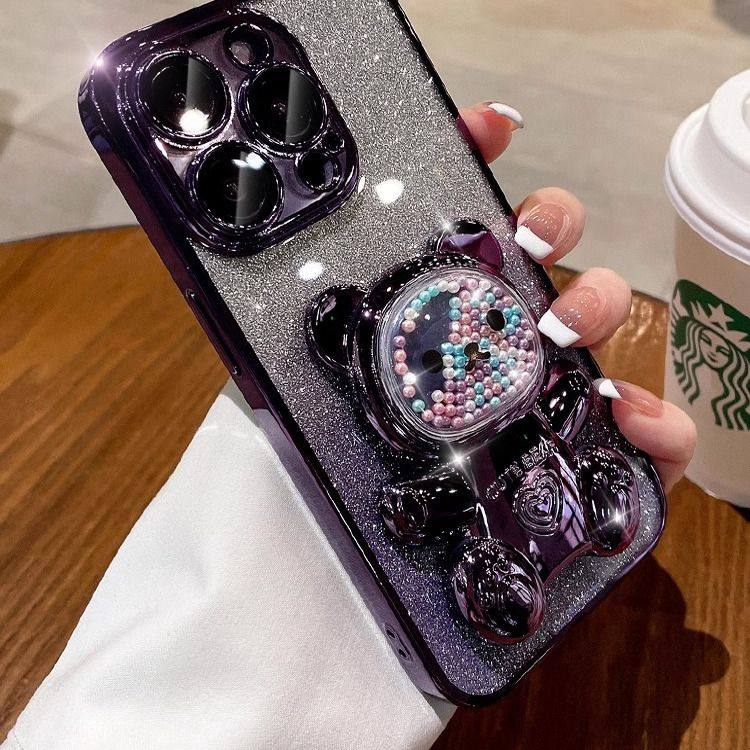 流沙爱心熊支架适用苹果16promax手机壳15pm电镀软壳14带镜头膜13,淘宝优惠券,粉丝福利购,淘宝优惠卷