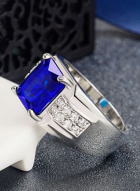 钻石之乡河南商丘新蓝宝石蓝锆石戒指 时尚潮男商务霸气长方a2375