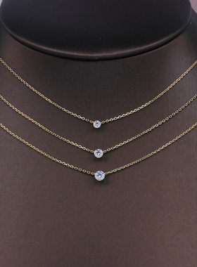 钻石之乡商丘人造钻石日系简约圆形无爪镶钻项链925纯银叠戴a2599