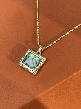 亚马逊几何铜吊坠炫彩异形正方鲍鱼贝项链项饰女厂家货源厂a2978