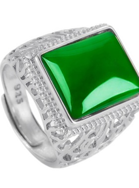 钻石之乡河南商丘气质长方形钻绿玉戒指 生命树镂空玛绿瑙戒a0213