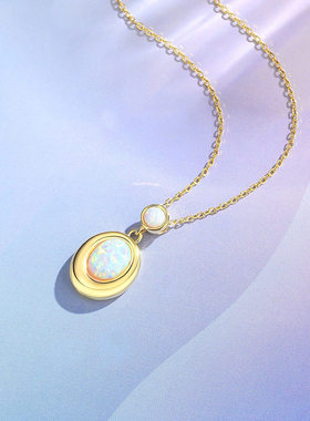 钻石之乡热销旦形蓝白欧泊项链925纯银镀18K金轻奢复古澳宝a2632