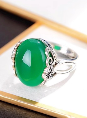 钻石之乡河南柘城河南人工钻石镀泰银黑复古银绿玉戒指开口礼物实