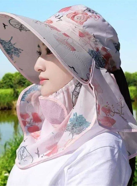 遮阳帽女防晒防紫外线采茶帽面罩帽子一体护颈女士干活农活太阳帽