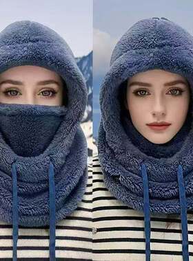 围脖口罩一体帽子女冬季滑雪加绒加厚套头帽护耳防风棉帽骑车保暖