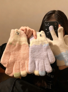 可爱腊肠狗露指触屏毛绒针织手套女2026新款冬保暖加绒厚防寒骑行