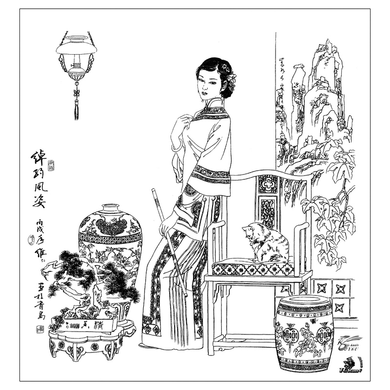 项维仁工笔白描人物画稿 中国画线描高清图片临摹国风美术电子版 - 图2