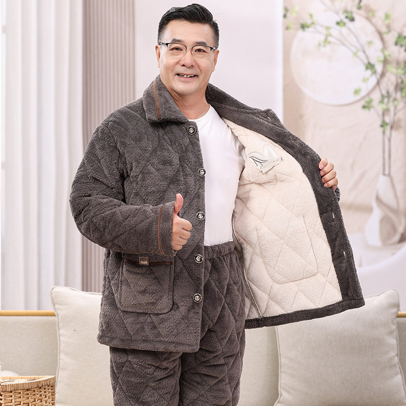 中老年人珊瑚绒男睡衣保暖冬季加绒加厚三层夹棉法兰绒爸爸家居服,淘宝优惠券,粉丝福利购,淘宝优惠卷