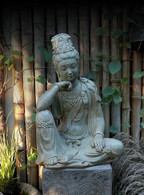 水磨坊中式庭院水月观音佛像造景布置办公室客厅玄关禅意装饰摆件