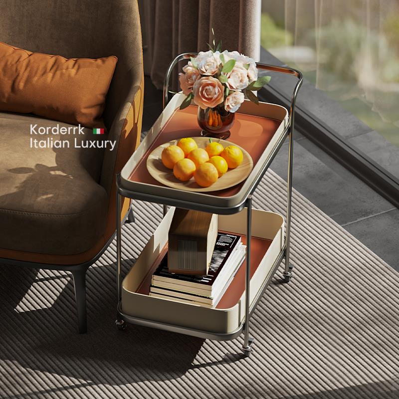 意式轻奢可移动马鞍皮沙发边几角几小推车带轮客厅家用不锈钢茶几 - 图1