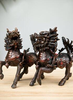 铜麒麟摆件一对大号 火麒麟招财客厅办公室家居饰品玄关工艺摆设