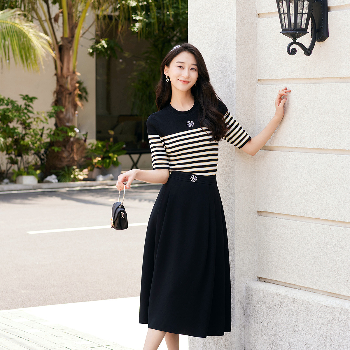 【桑蚕丝】珂莱蒂尔商场同款女装夏季条纹针织衫气质通勤百搭上衣