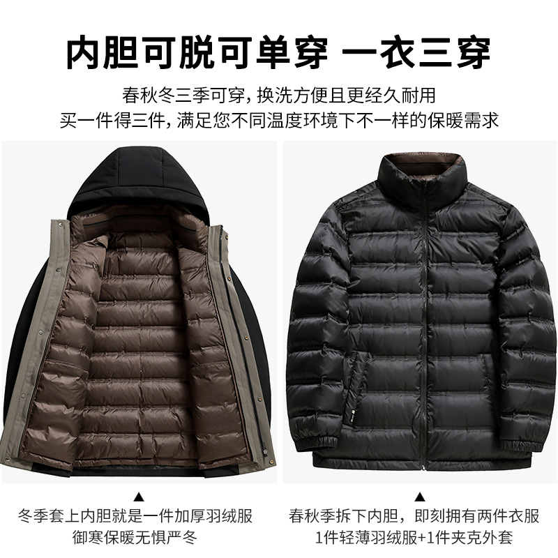 雪中飞男士羽绒服连帽加厚内胆可脱卸鹅绒服中老年爸爸装冬季外套