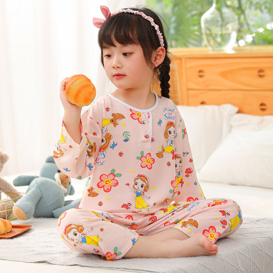 Children's cotton silk pajamas boys summer thin long-sleeved silk cartoon children and girls home clothes baby air conditioning clothes