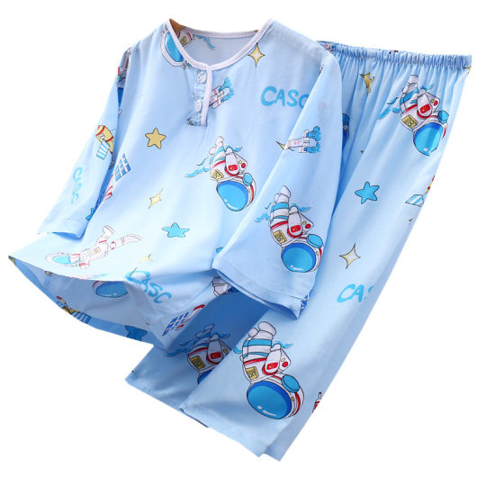 Children's cotton silk pajamas boys summer thin long-sleeved silk cartoon children and girls home clothes baby air conditioning clothes