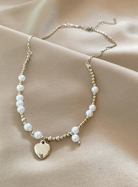 极速珍珠串珠钛钢爱心项链女轻奢小众设计感气Q质名媛锁骨链氛围