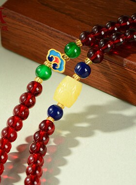 极速藏村石榴石单圈手链貔貅配饰项链I酒红色手串银杏叶配饰挂饰