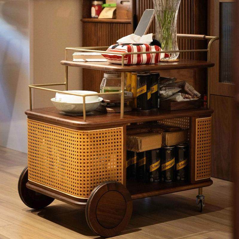 实木藤编小推车客厅收纳床头柜中覆古餐车不锈钢置物架可移动边几,淘宝优惠券,粉丝福利购,淘宝优惠卷