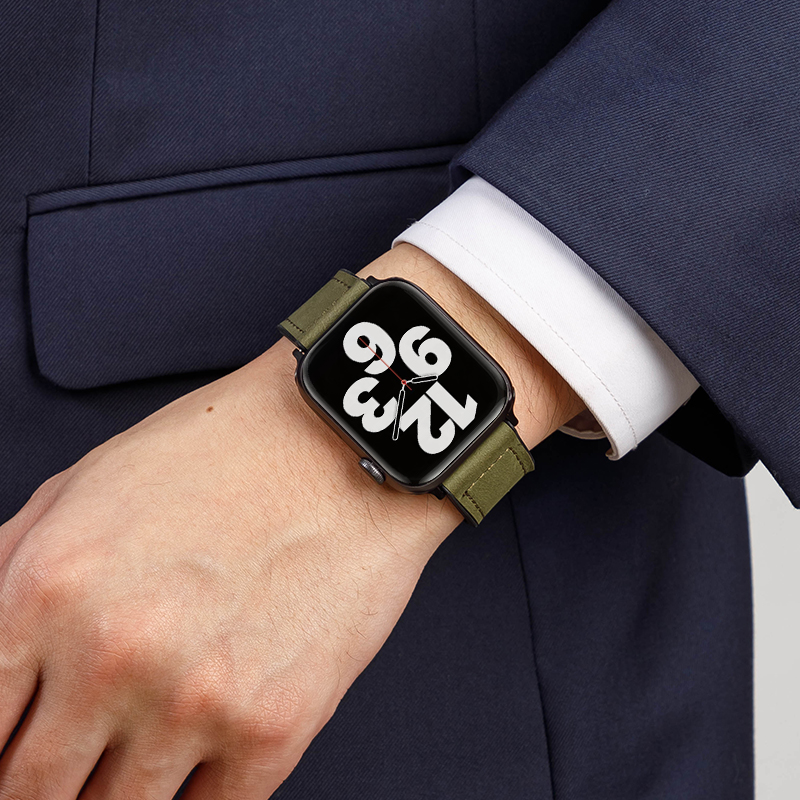 适用applewatch9表带iwatch8苹果S9手表真皮S8夏天新款疯马皮磁吸扣S7高级se男款潮创意方扣ultra2硅胶S6运动-图2