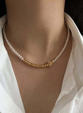 墨豆家 施家珍珠项链金色珠珠笑脸吊坠串珠轻奢小众高级感颈链女