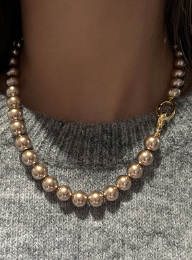 墨豆家 美拉德摩卡金棕咖色珍珠法式项链高级感轻奢毛衣链女