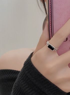 黑石链条食指戒指女小众设计时尚个性2024年新款潮