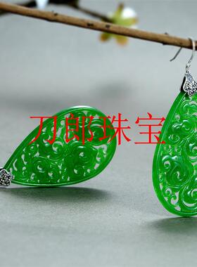 原创设计翡翠色干青耳环玉石中国风耳坠雕花复古简约时尚耳饰品