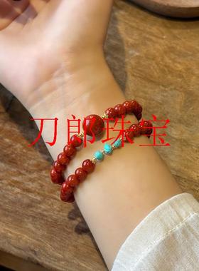 甄选南红玛瑙满色满肉川料圆珠两圈手链搭配松石手串原创设计女款