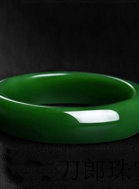 新疆和田玉色碧玉镯子老坑料冰底手镯菠菜绿女款玉石扁条手镯精品