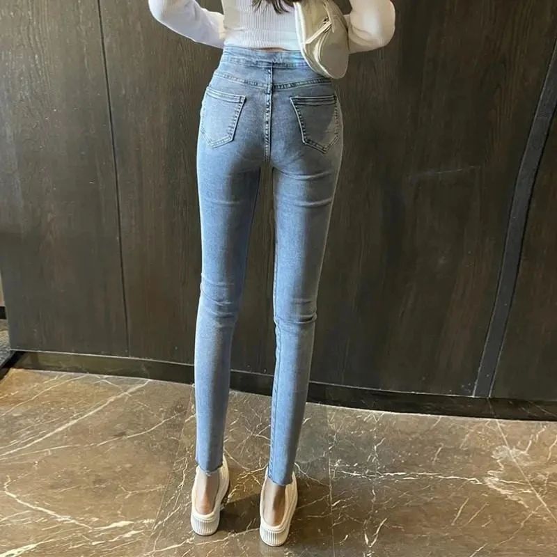 Design Double Breasted Skinny Jeans Women Vintage High Waist - 图1