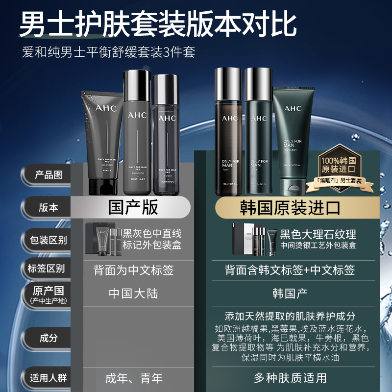 AHC男黑曜石套装深层清洁补水清爽保湿水乳洁面乳控油3件套正品