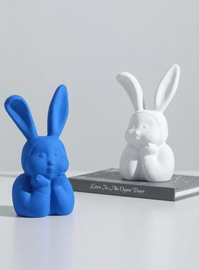 卡通陶瓷可爱兔子头动物雕塑摆件样板间儿童房客厅玄关酒柜装饰品