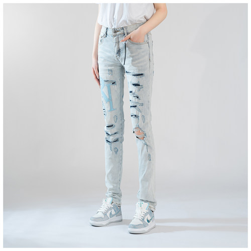 AMR Skinny Ripped Jeans 牛仔裤男美式高街破洞堆积修身小脚裤 - 图0