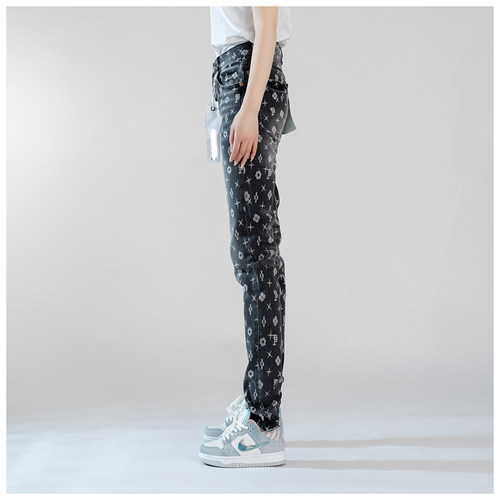 PUR jeans牛仔裤男修身显瘦欧美式高街高档印花紧身堆积紧身小脚 - 图1