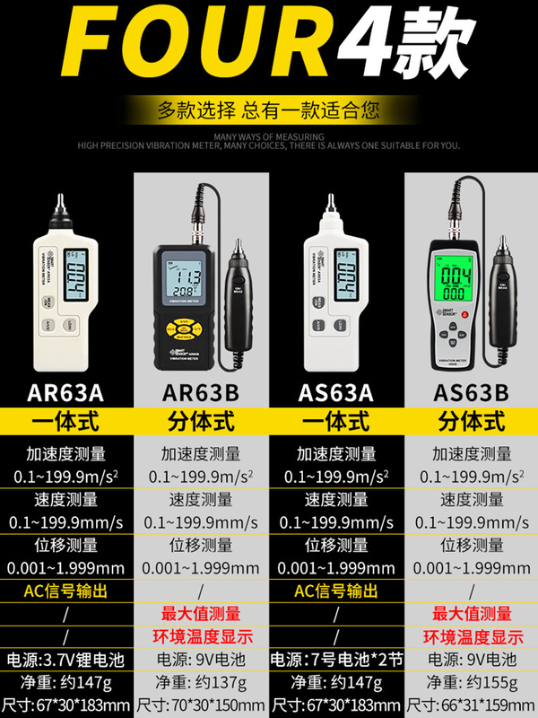 希玛AS63A测振仪AR63A便携数字高精度测震仪AS63B振动测试仪AR63B - 图0